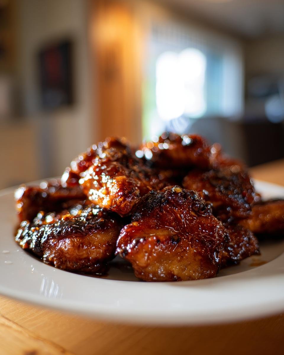 Close-up of glistening, caramelized Irresistible Honey Garlic Chicken Recipe pieces piled on a white plate.