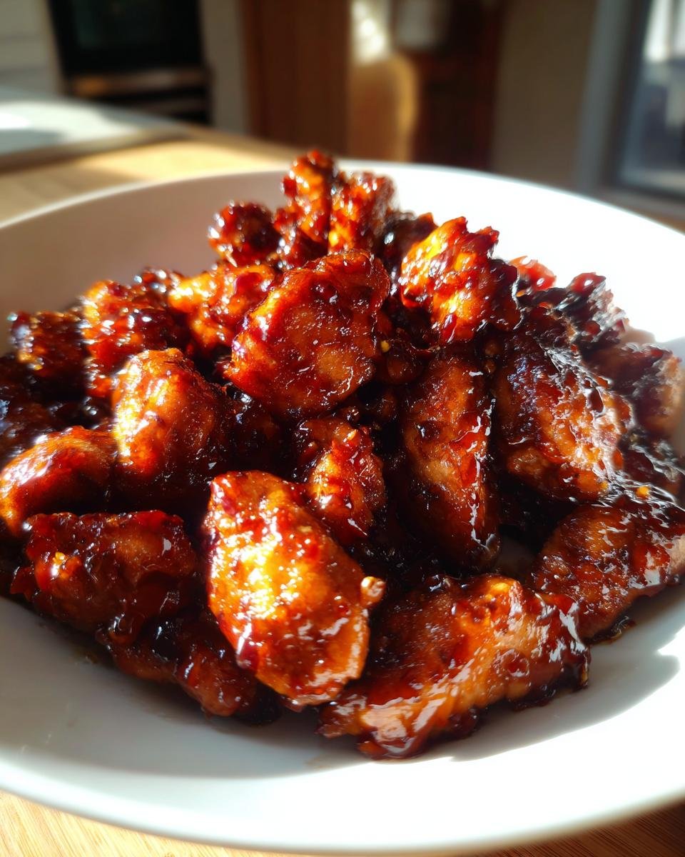 Close-up of bite-sized pieces of Irresistible Honey Garlic Chicken Recipe coated in a thick, glossy, dark glaze.