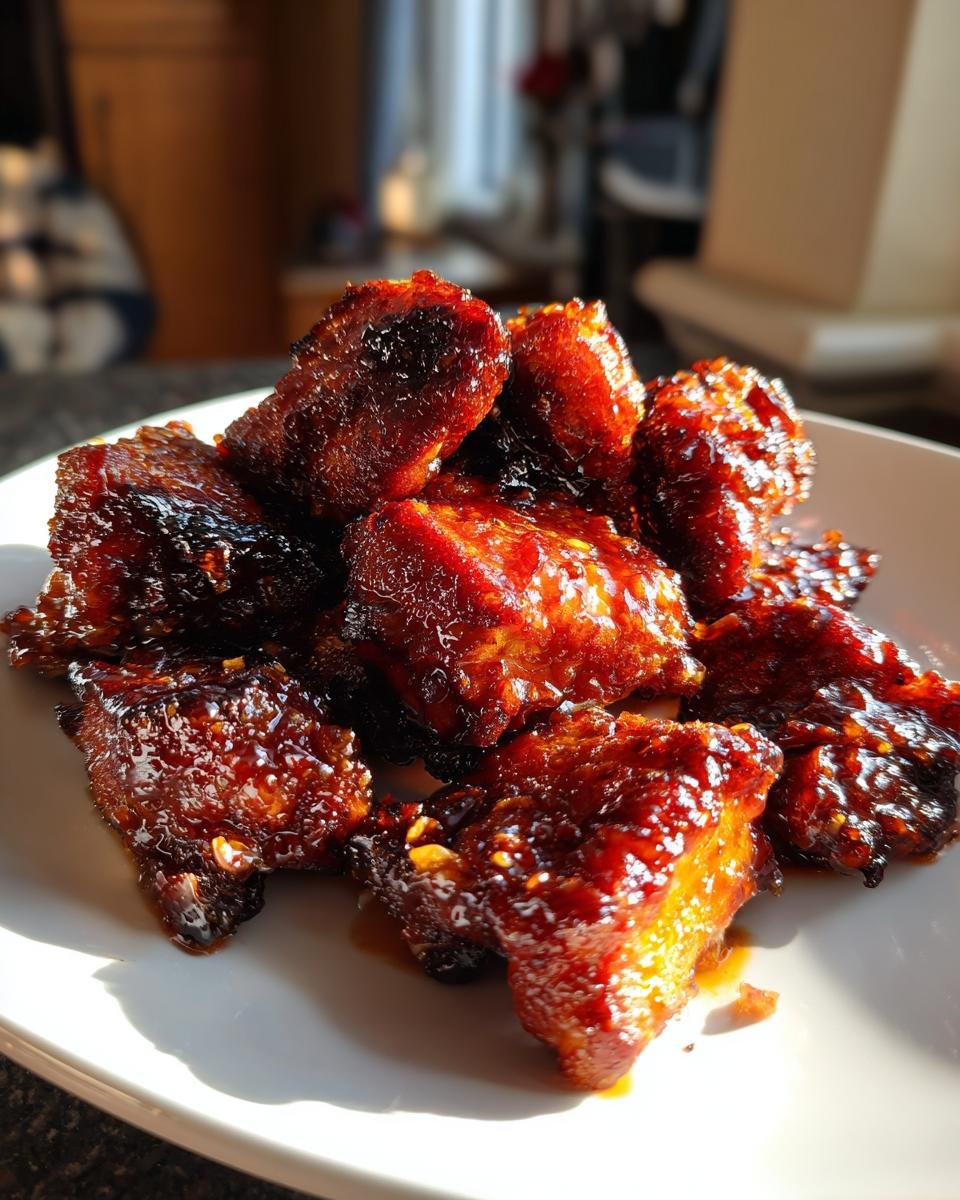 Close-up of sticky, caramelized pieces of Irresistible Honey Garlic Chicken piled on a white plate.