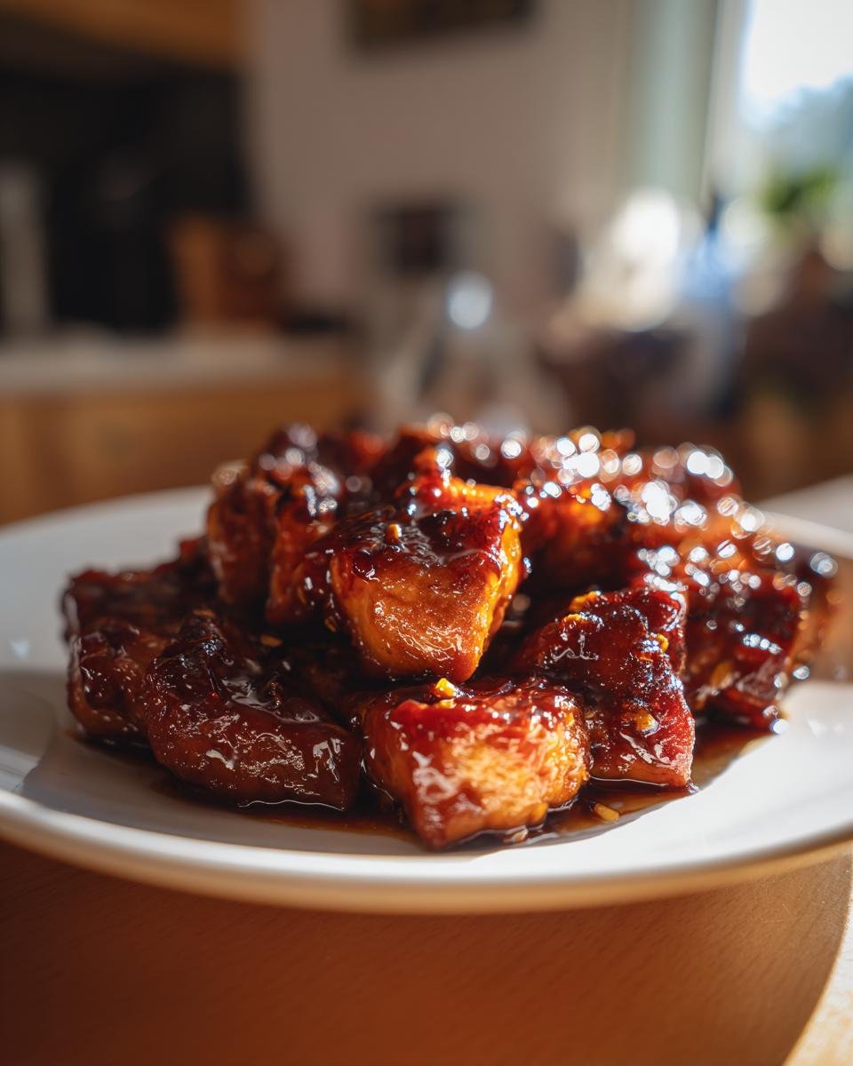 Close-up of glistening, saucy pieces of Irresistible Honey Garlic Chicken coated in a thick, dark glaze.