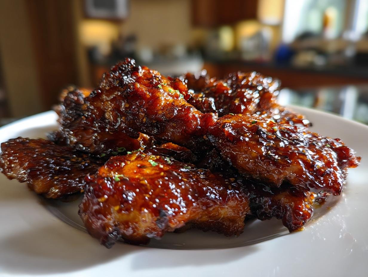 Close-up of sticky, glazed Irresistible Honey Garlic Chicken pieces piled on a white plate.