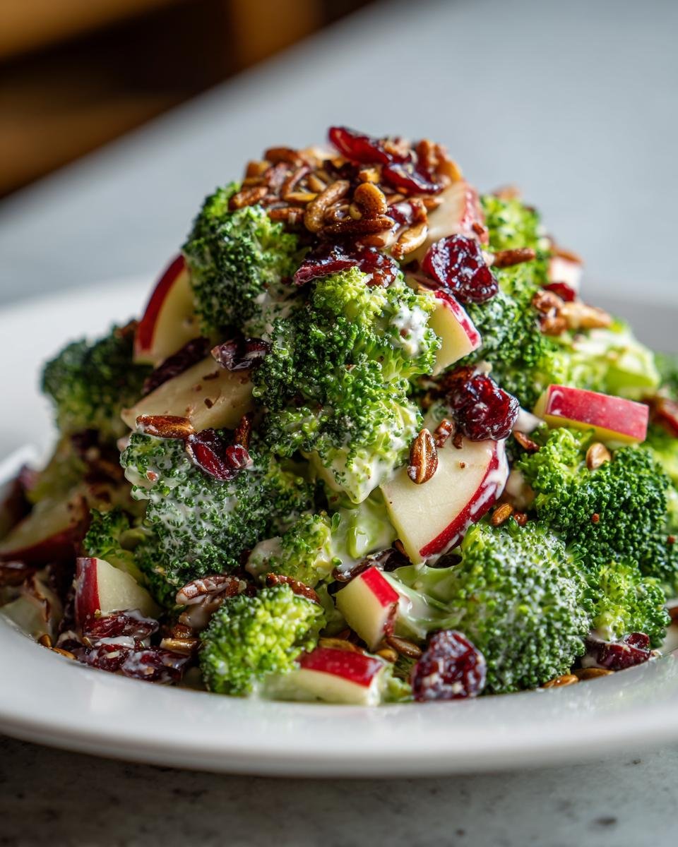 Close-up of Irresistible Honeycrisp Apple Broccoli Salad with creamy dressing, red cranberries, and pecans.