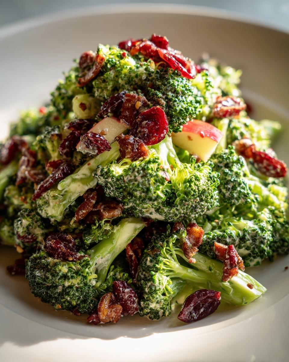 Close-up of Irresistible Honeycrisp Apple Broccoli Salad with creamy dressing, dried cranberries, and apple chunks.