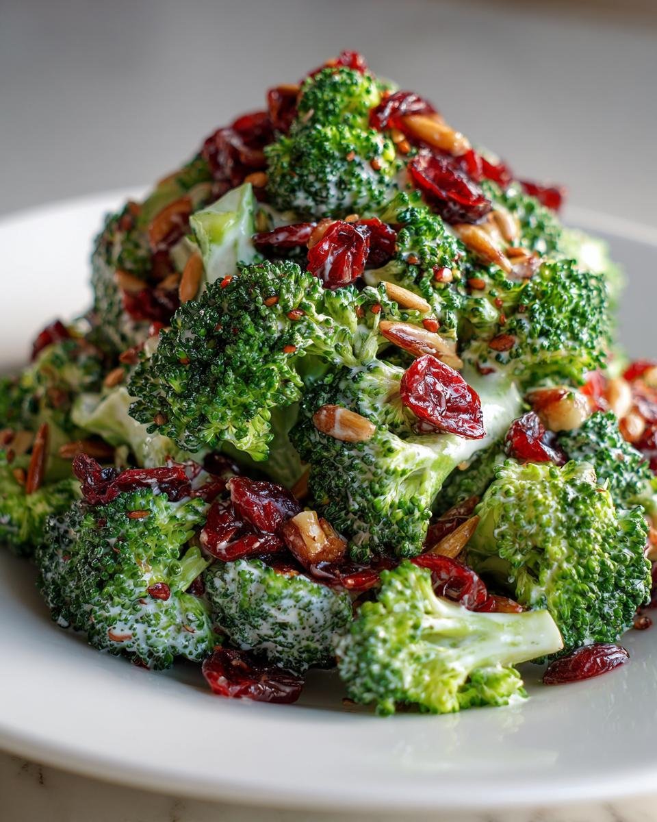 Close-up of Irresistible Honeycrisp Apple Broccoli Salad with creamy dressing, dried cranberries, and seeds.