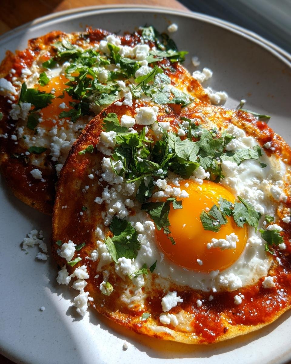 Two servings of Irresistible Huevos Rancheros topped with bright sunny-side-up eggs, crumbled white cheese, and fresh cilantro.