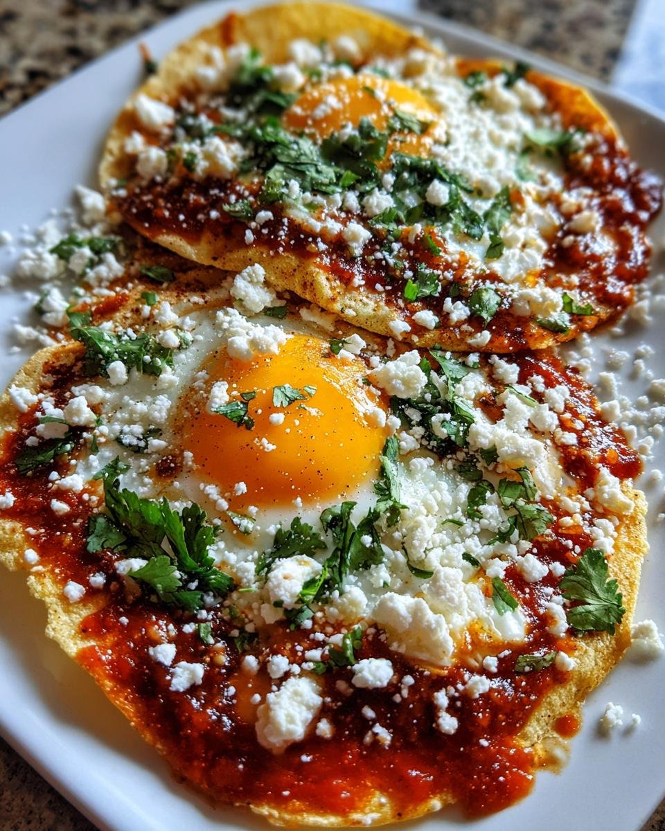 Two servings of Irresistible Huevos Rancheros Recipe featuring fried eggs over tortillas, topped with red sauce, crumbled white cheese, and cilantro.