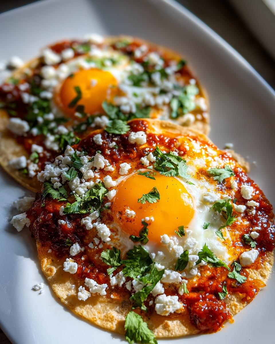 Two servings of Irresistible Huevos Rancheros Recipe on a white plate, topped with sunny-side-up eggs, red salsa, cotija cheese, and cilantro.