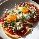 Two servings of Irresistible Huevos Rancheros on a white plate, topped with red sauce, cotija cheese, and cilantro.