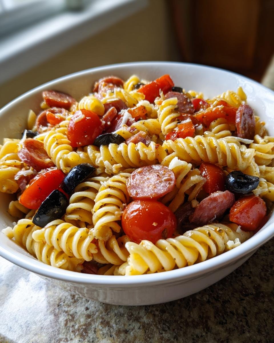 A close-up of a white bowl filled with Irresistible Italian Grinder Pasta Salad featuring rotini pasta, pepperoni, cherry tomatoes, and black olives.