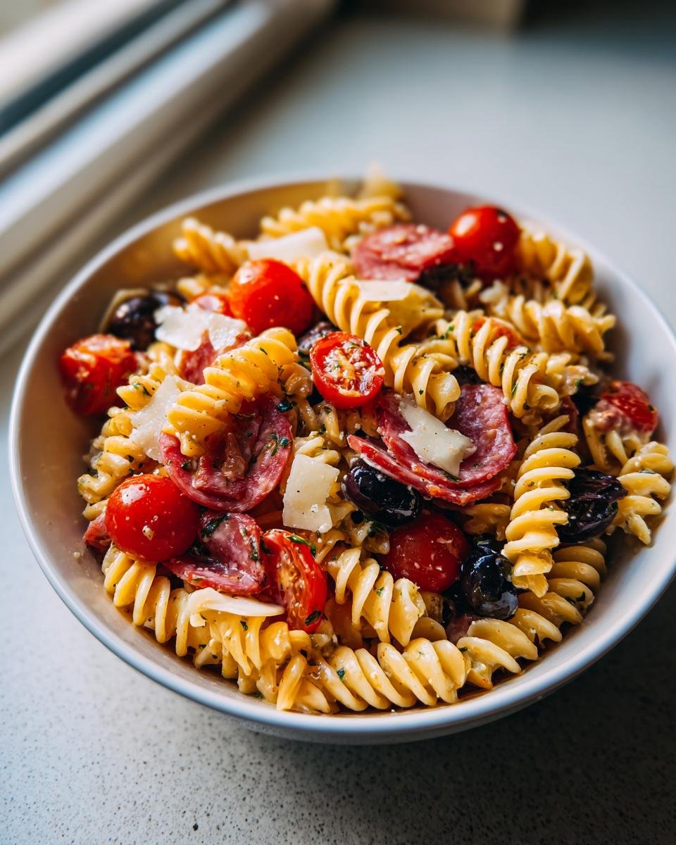 Close-up of a bowl filled with Irresistible Italian Grinder Pasta Salad featuring rotini pasta, salami, cherry tomatoes, and cheese.