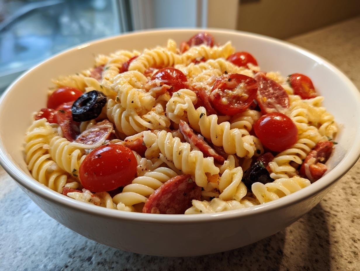 Close-up of Irresistible Italian Grinder Pasta Salad featuring rotini pasta, cherry tomatoes, salami, and black olives in a white bowl.