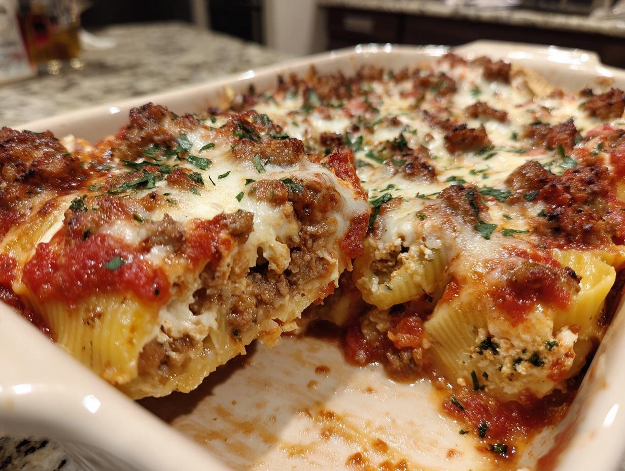Close-up of a serving dish showing Irresistible Italian Stuffed Shells Bake with meat, cheese, and sauce.