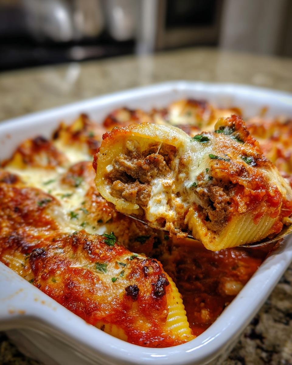 A spoonful of meat-filled, cheesy Irresistible Italian Stuffed Shells Bake being lifted from a white baking dish.