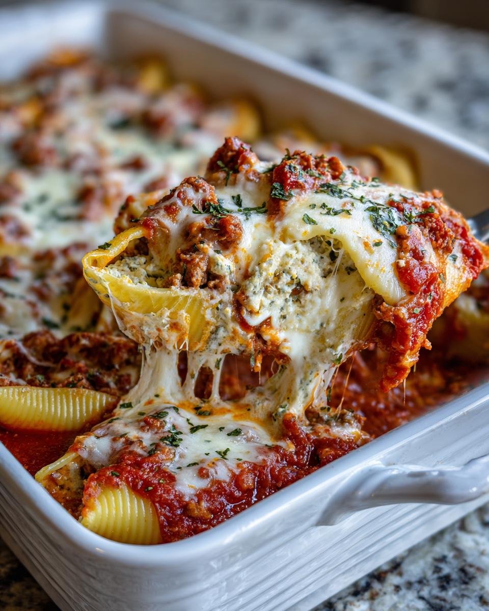 A serving spoon lifts a cheesy stuffed shell from a baking dish of Irresistible Italian Stuffed Shells Bake, showing a dramatic cheese pull.