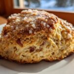 A close-up, rustic shot of an Irresistible Maple Bacon Scone topped with coarse sugar crystals, sitting on a white plate.