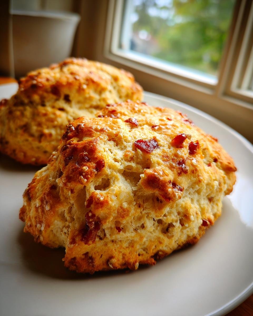 Two golden-brown Irresistible Maple Bacon Scones with visible bacon bits, served on a white plate near a window.