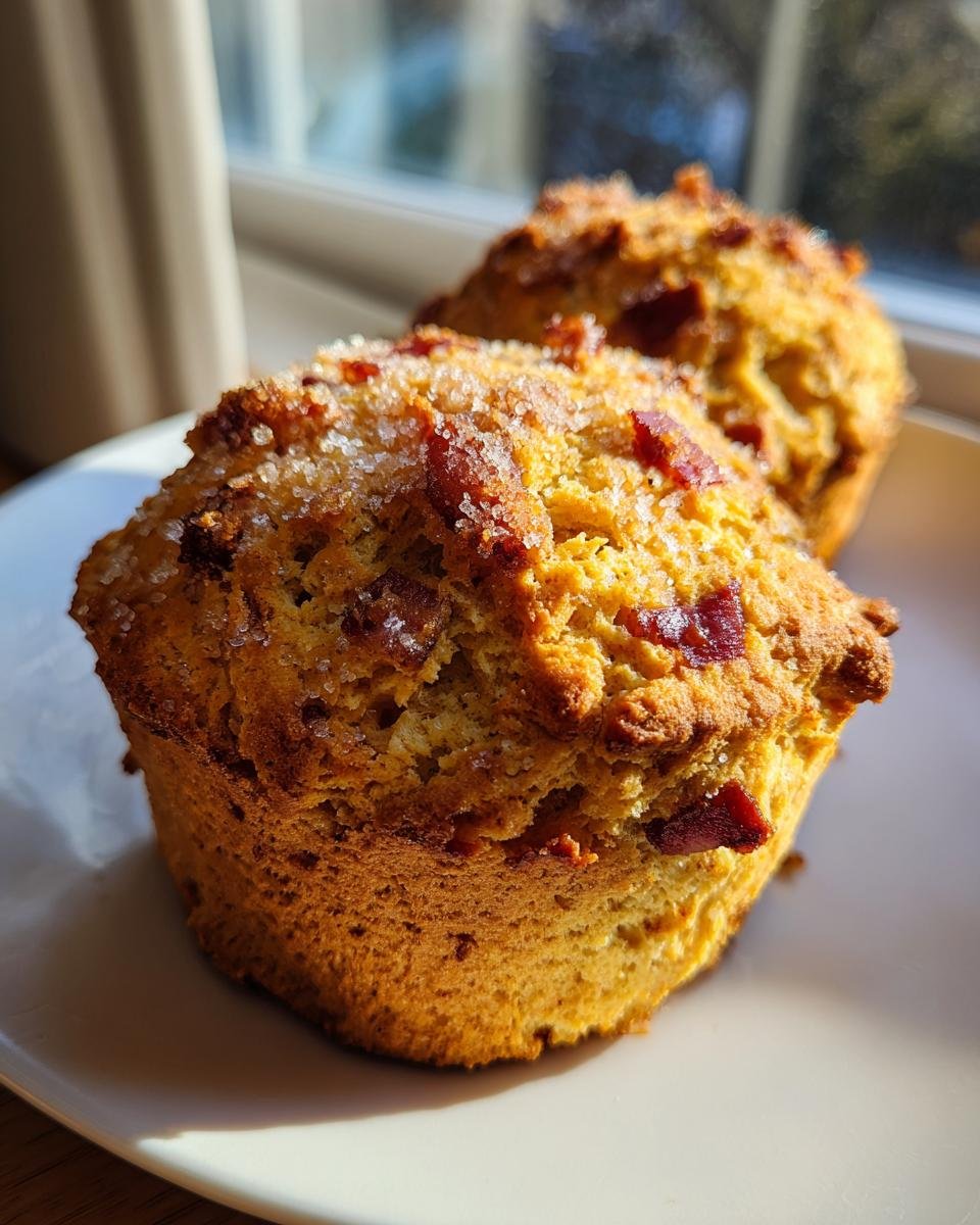 Two golden brown Irresistible Maple Bacon Scones topped with coarse sugar and visible bacon bits, sitting on a white plate.