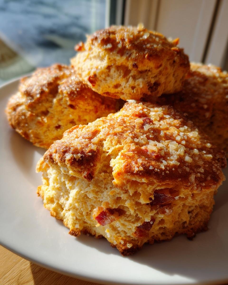 Close-up of several Irresistible Maple Bacon Scones stacked on a white plate, topped with coarse sugar.