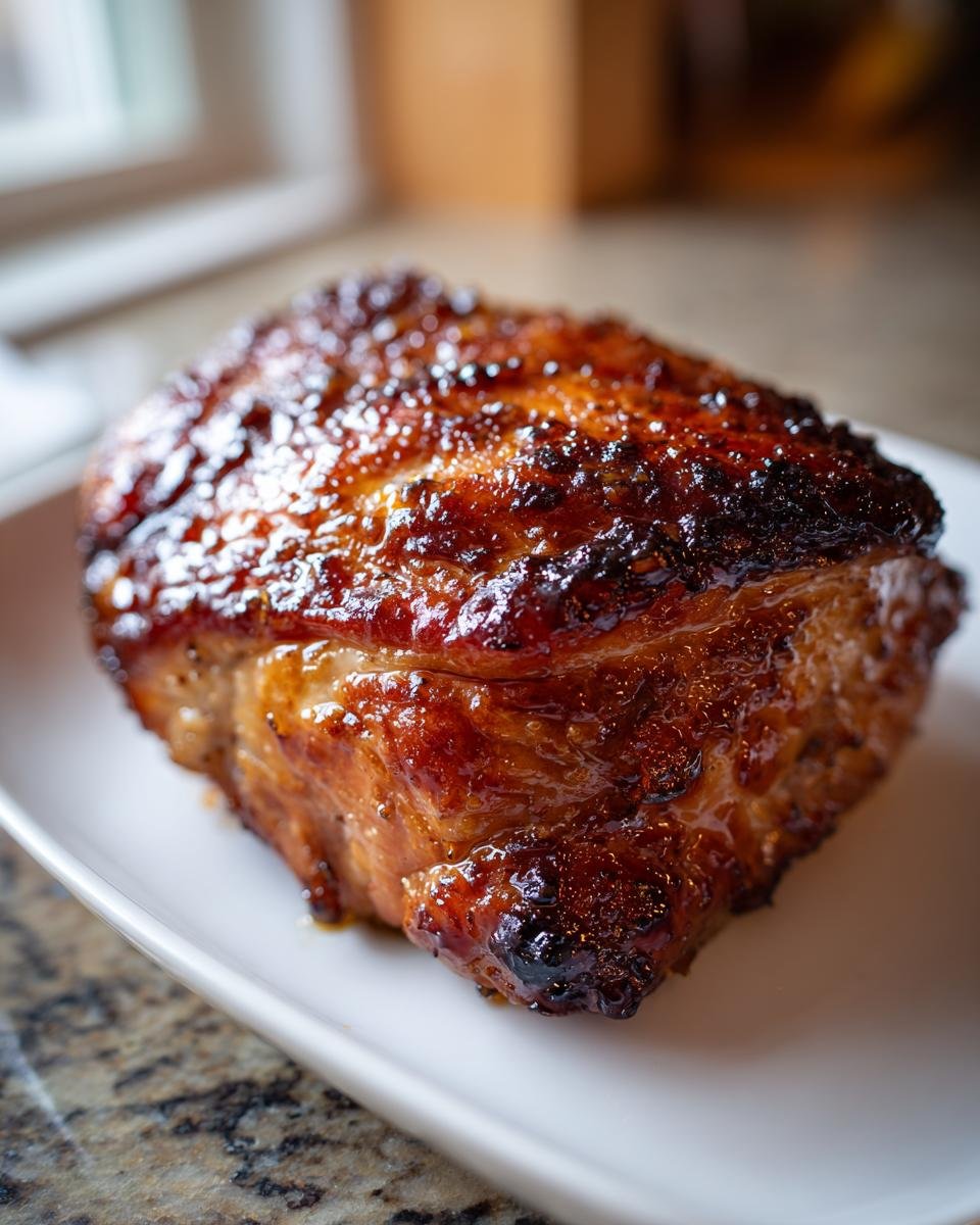 Close-up of a juicy turkey thigh coated in a thick, shiny, caramelized Maple Bourbon Glazed Turkey Thighs Recipe glaze.
