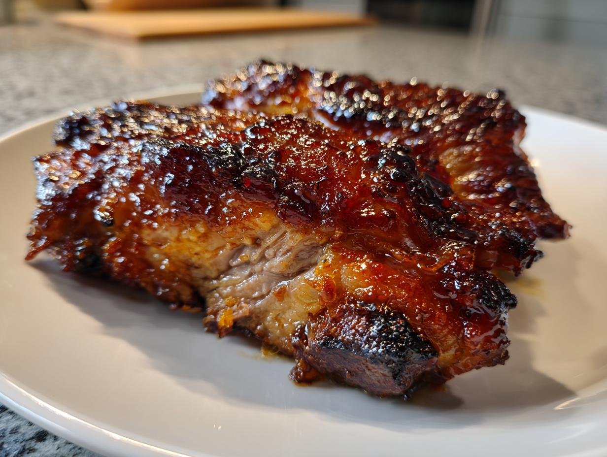 Two pieces of juicy turkey thighs coated in a thick, shiny, dark amber maple bourbon glaze.