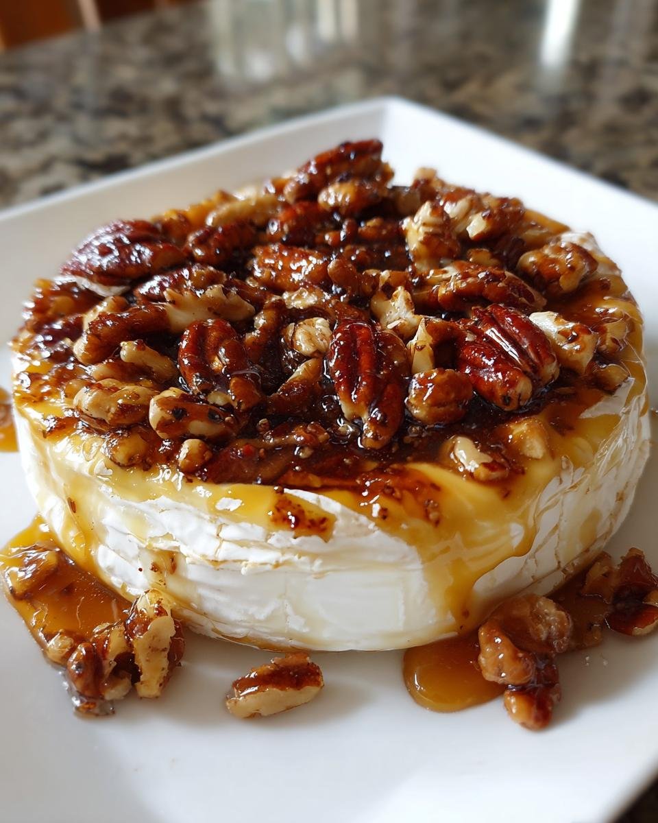 A wheel of warm, baked Brie cheese topped generously with glazed maple pecans, part of the Irresistible Maple Pecan Baked Brie recipe.