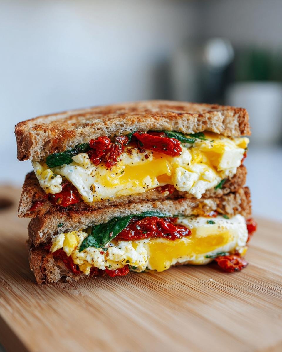 A stacked Irresistible Mediterranean Breakfast Sandwich featuring fried eggs, sun-dried tomatoes, and spinach on toasted whole wheat bread.