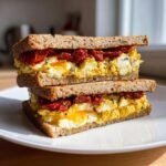 A tall stack of an Irresistible Mediterranean Breakfast Sandwich featuring scrambled eggs and sun-dried tomatoes on whole grain bread.