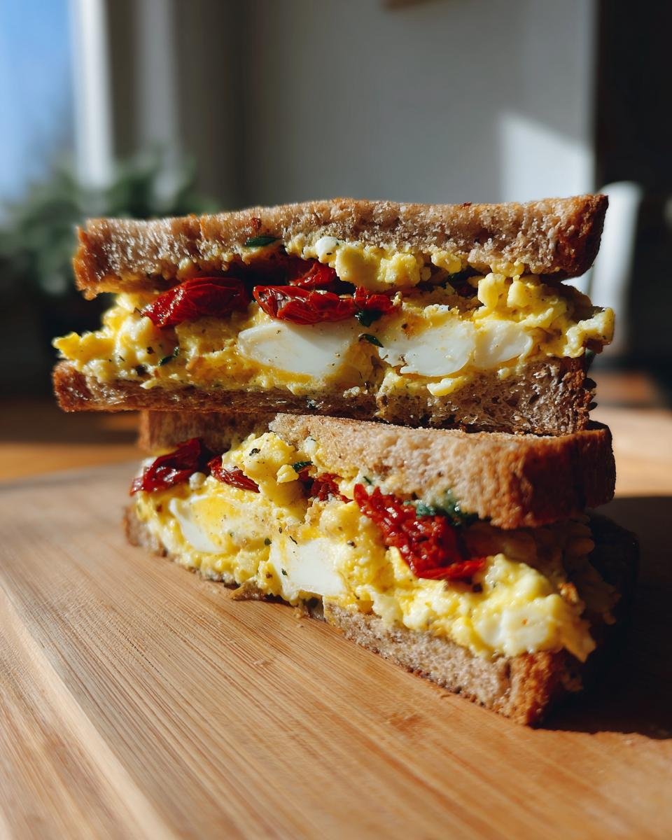Two halves of an Irresistible Mediterranean Breakfast Sandwich stacked on a wooden board, showing scrambled eggs and sun-dried tomatoes.