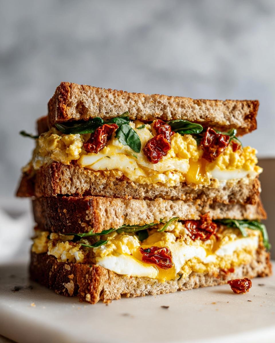 A tall stack of halves from an Irresistible Mediterranean Breakfast Sandwich featuring scrambled eggs and sun-dried tomatoes on whole-grain bread.