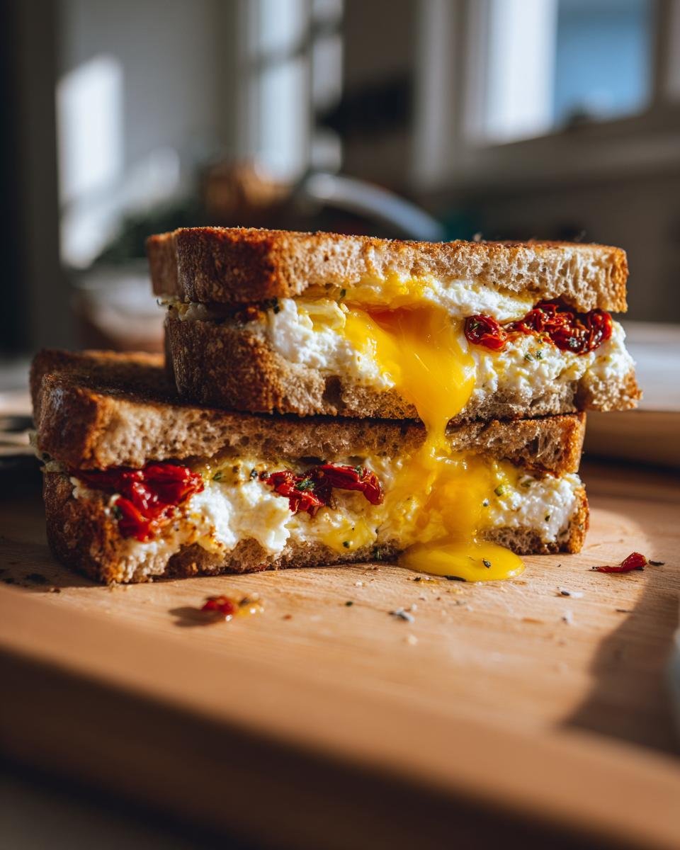 Close-up of an Irresistible Mediterranean Breakfast Sandwich cut in half, featuring a runny egg yolk spilling out over cheese and sun-dried tomatoes.