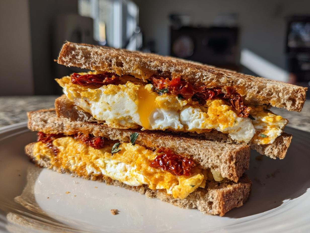 Close-up of an Irresistible Mediterranean Breakfast Sandwich made with whole wheat bread, eggs, and sun-dried tomatoes.