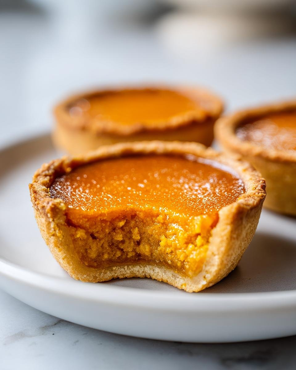 Close-up of an Irresistible Mini Pumpkin Pie with a bite taken out, revealing the creamy orange filling.