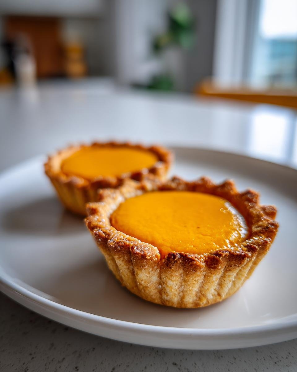 Two golden-crusted mini pumpkin pies with bright orange filling sitting on a white plate.