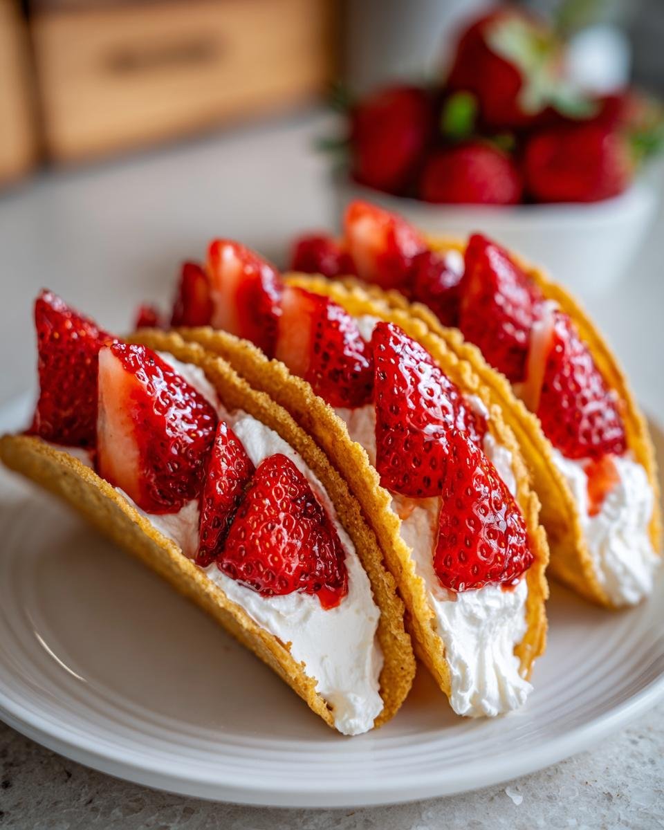 Three Irresistible Mini Strawberry Cheesecake Tacos filled with cream cheese and topped with sliced strawberries on a white plate.