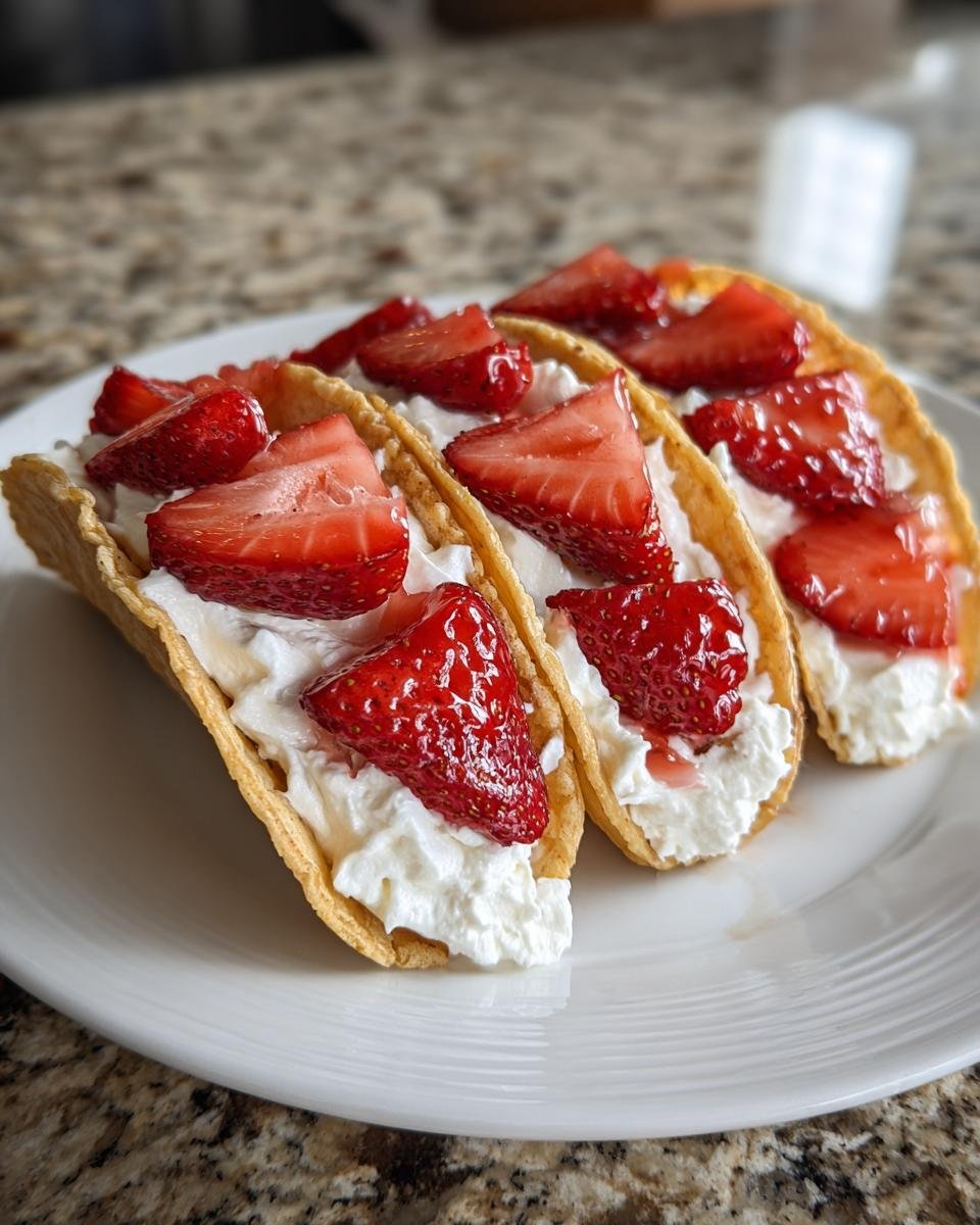 Three Irresistible Mini Strawberry Cheesecake Tacos filled with cream cheese and topped with fresh sliced strawberries.