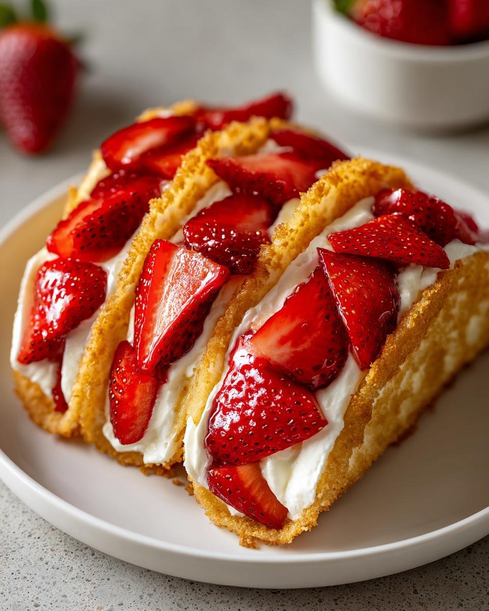 Three Irresistible Mini Strawberry Cheesecake Tacos filled with creamy white filling and topped with fresh, glossy sliced strawberries.