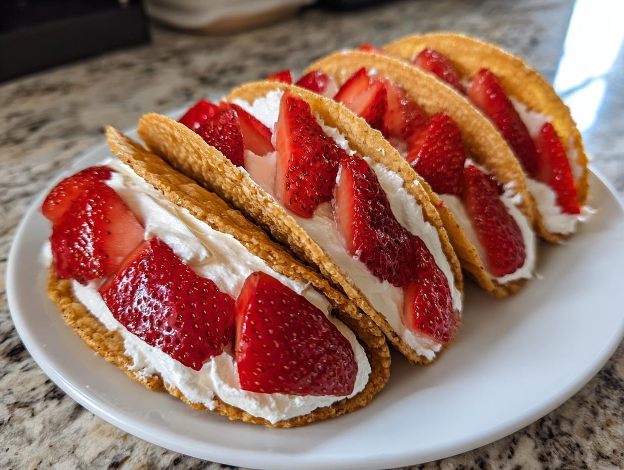 Four Irresistible Mini Strawberry Cheesecake Tacos filled with cream and fresh strawberries on a white plate.
