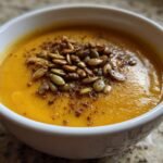Close-up of a bowl of vibrant orange Irresistible Miso Pumpkin Bisque topped with toasted pepitas.