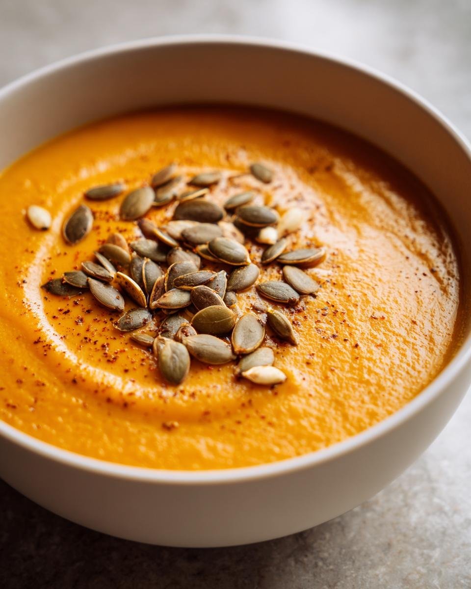 Close-up of a bowl of vibrant orange Irresistible Miso Pumpkin Bisque topped generously with toasted pepitas.