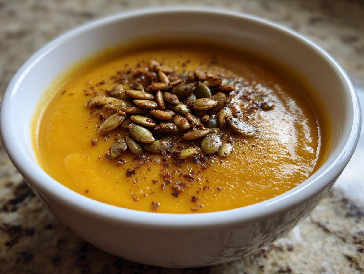 Close-up of a bowl of vibrant orange Irresistible Miso Pumpkin Bisque topped with toasted pepitas.