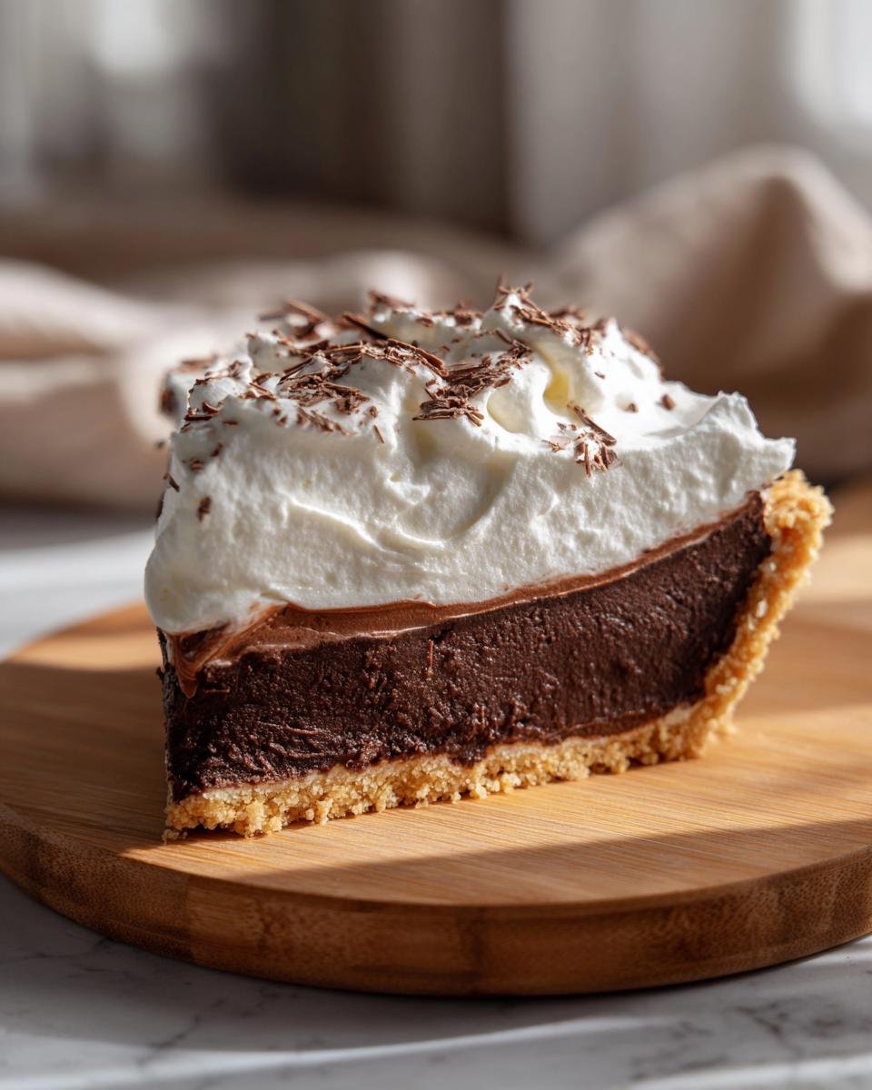 A perfect slice of Irresistible Nutella Cream Pie featuring a chocolate filling, graham cracker crust, and topped with whipped cream and chocolate shavings.