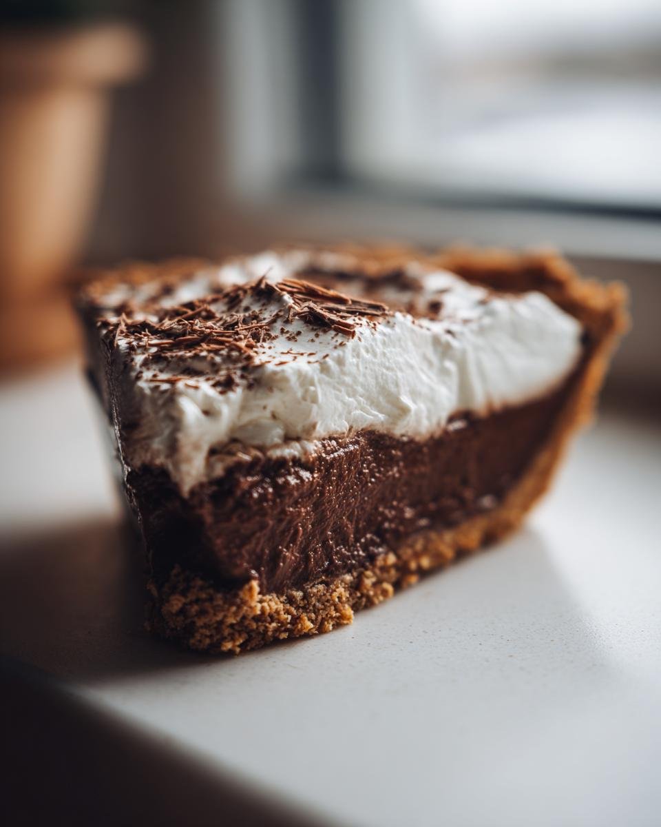 Close-up of a slice of Irresistible Nutella Cream Pie showing the thick chocolate filling, graham cracker crust, and whipped cream topping.