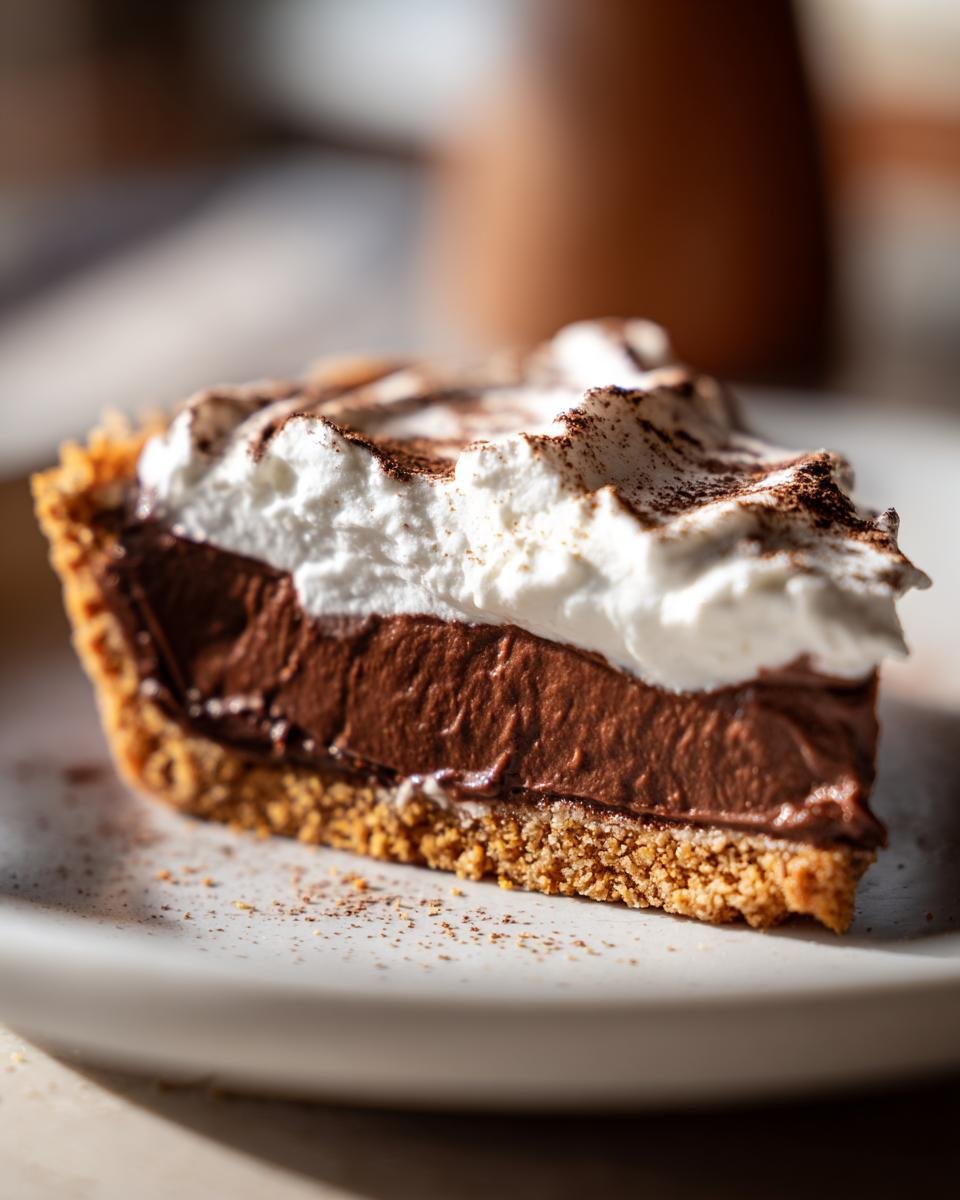A close-up of a slice of Irresistible Nutella Cream Pie featuring a graham cracker crust, thick chocolate filling, and whipped cream dusted with cocoa.