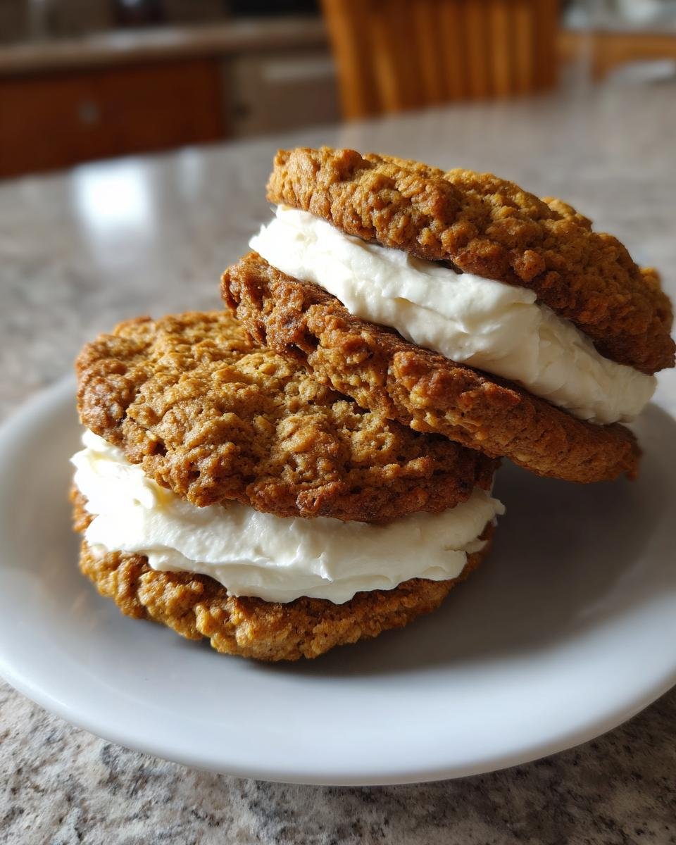 Two stacked Irresistible Oatmeal Cream Pies featuring chewy oatmeal cookies and thick white cream filling.