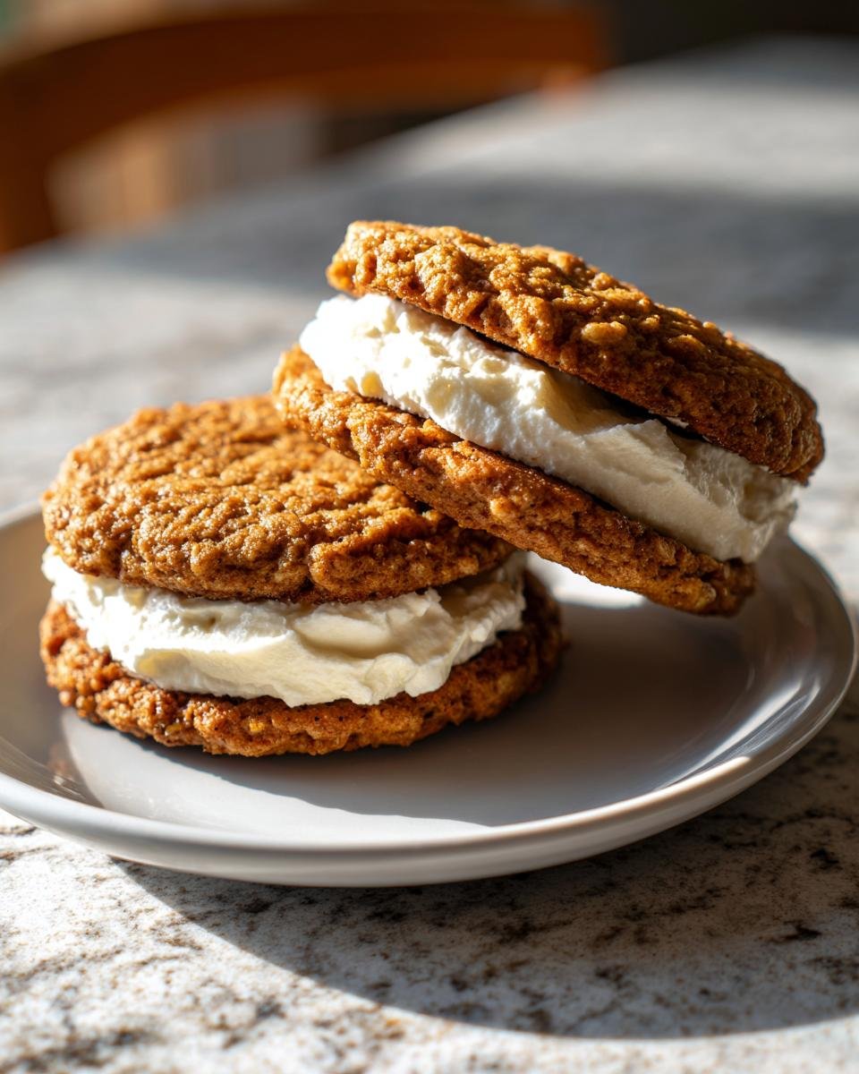 Two Irresistible Oatmeal Cream Pies stacked with thick white cream filling, sitting on a small plate.