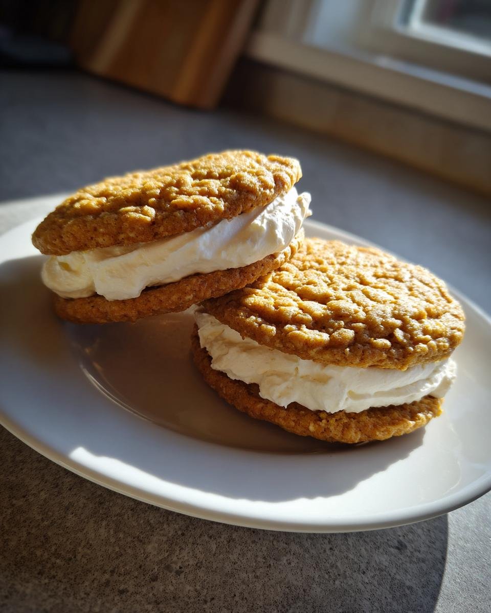 Two homemade Irresistible Oatmeal Cream Pies stacked with creamy white filling, sitting on a white plate.