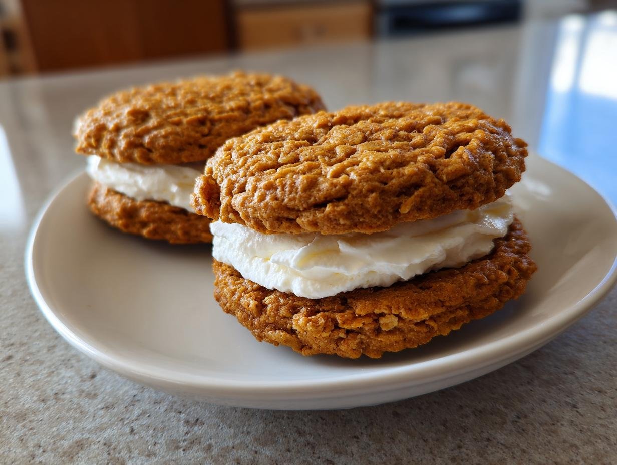 Two homemade Irresistible Oatmeal Cream Pies stacked with thick white frosting, served on a white plate.