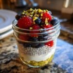 Close-up of an Irresistible Overnight Chia Pistachio Parfait layered in a small glass jar with berries and nuts.