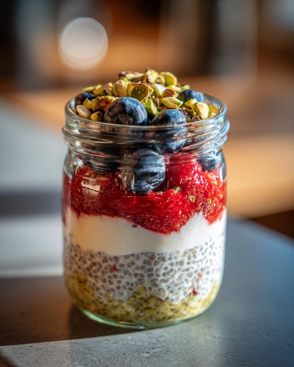 Layered Irresistible Overnight Chia Pistachio Parfait in a glass jar topped with blueberries and chopped pistachios.