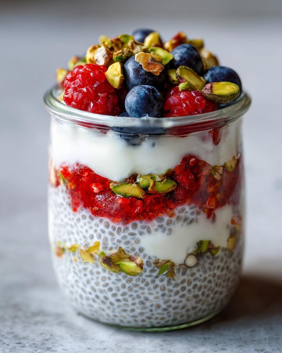 Close-up of an Irresistible Overnight Chia Pistachio Parfait layered with chia pudding, yogurt, berries, and nuts in a glass jar.
